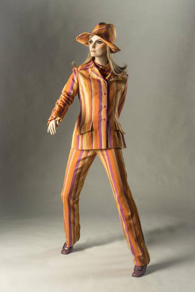1967 David Bond/Slimma: Orange and pink trouser suit, hat by Edward Mann. Selector: Felicity Green, The Daily Mirror