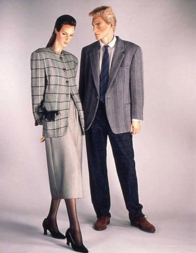 1986 Giorgio Armani: Grey checked jacket ensemble; man’s soft tailored wool suit. Selector: Colin McDowell, Country Life  