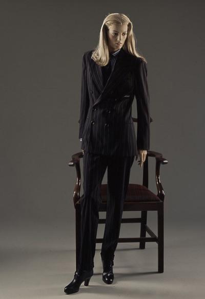 1992 Ralph Lauren: Black and white pinstripe trouser suit. Selector: Liz Smith, The Times