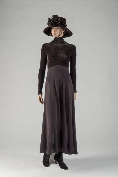 1993 Donna Karan: Plum stretch wool and velvet dress. Selector: Glenda Bailey, Marie Claire  