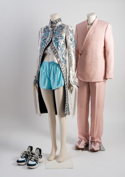 2018 Dior and Louis Vuitton: A light pink cashmere twill double-breasted ‘Tailleur Oblique’ jacket and high waist wide trousers. Silk embroidered redingote style coat and light blue jersey shorts. Selector: Alexander Fury