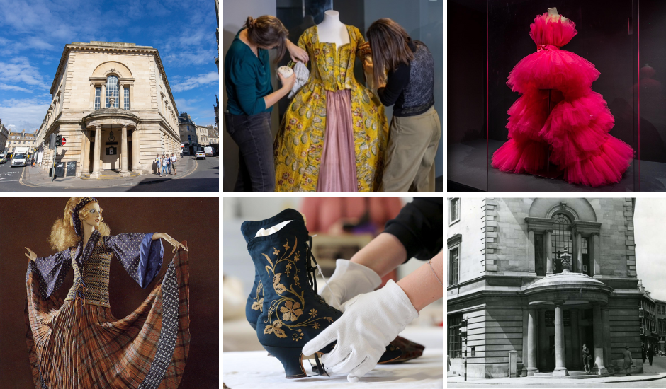 A selection of images including the Old Post Office building, historic and modern dress. 